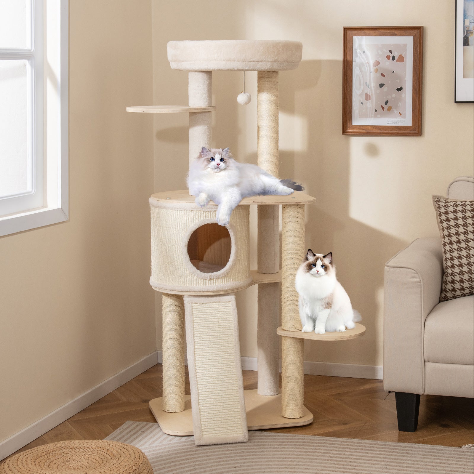 56 Inch Tall Cat Tree with 2 Sisal Scratching Posts and Ladder