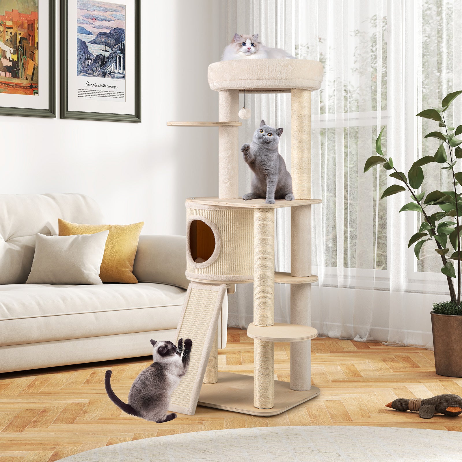 56 Inch Tall Cat Tree with 2 Sisal Scratching Posts and Ladder