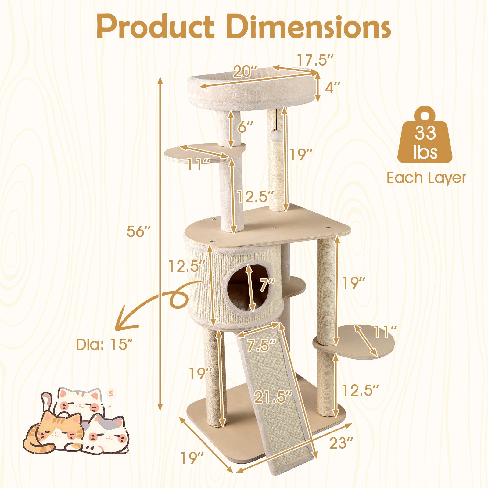 56 Inch Tall Cat Tree with 2 Sisal Scratching Posts and Ladder