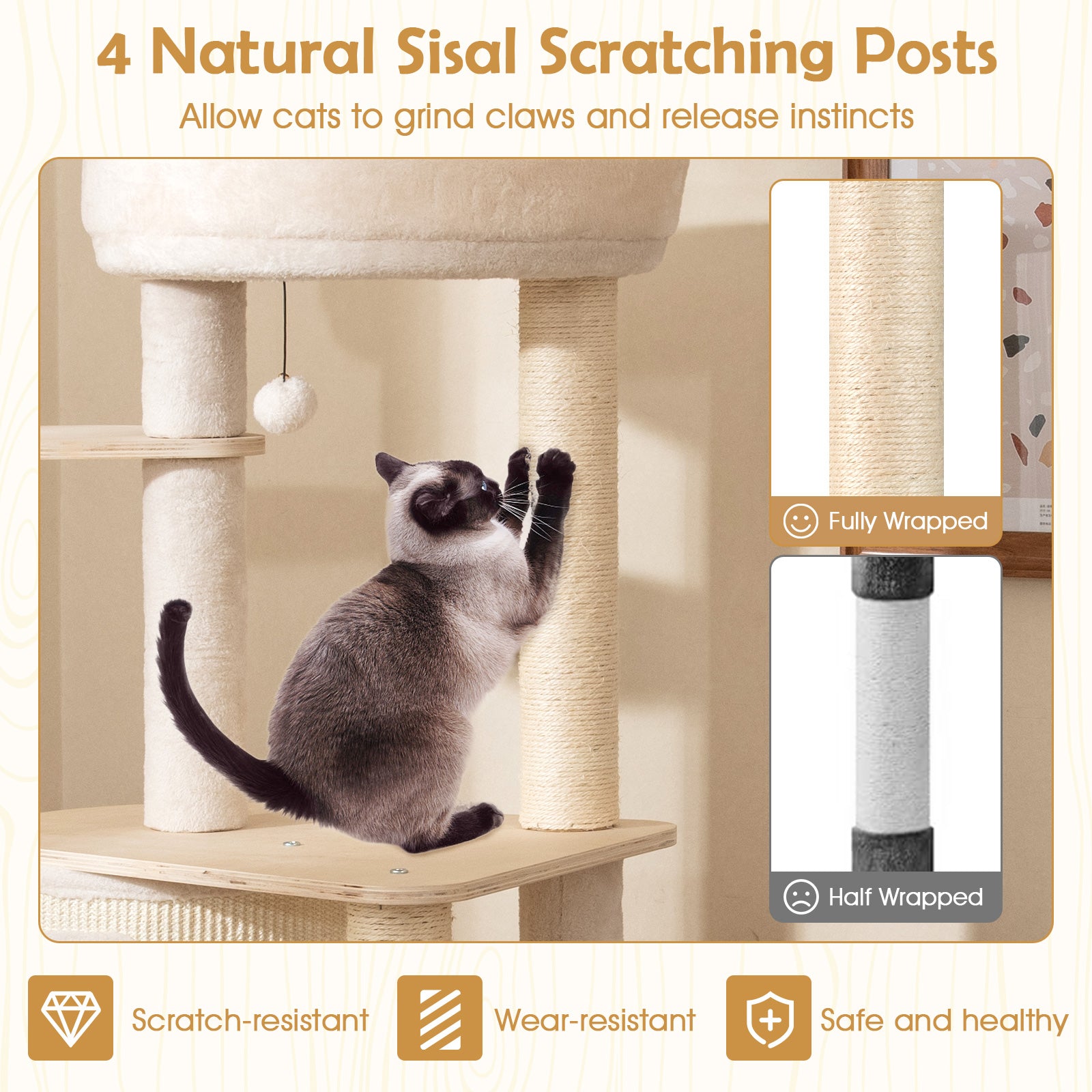 56 Inch Tall Cat Tree with 2 Sisal Scratching Posts and Ladder