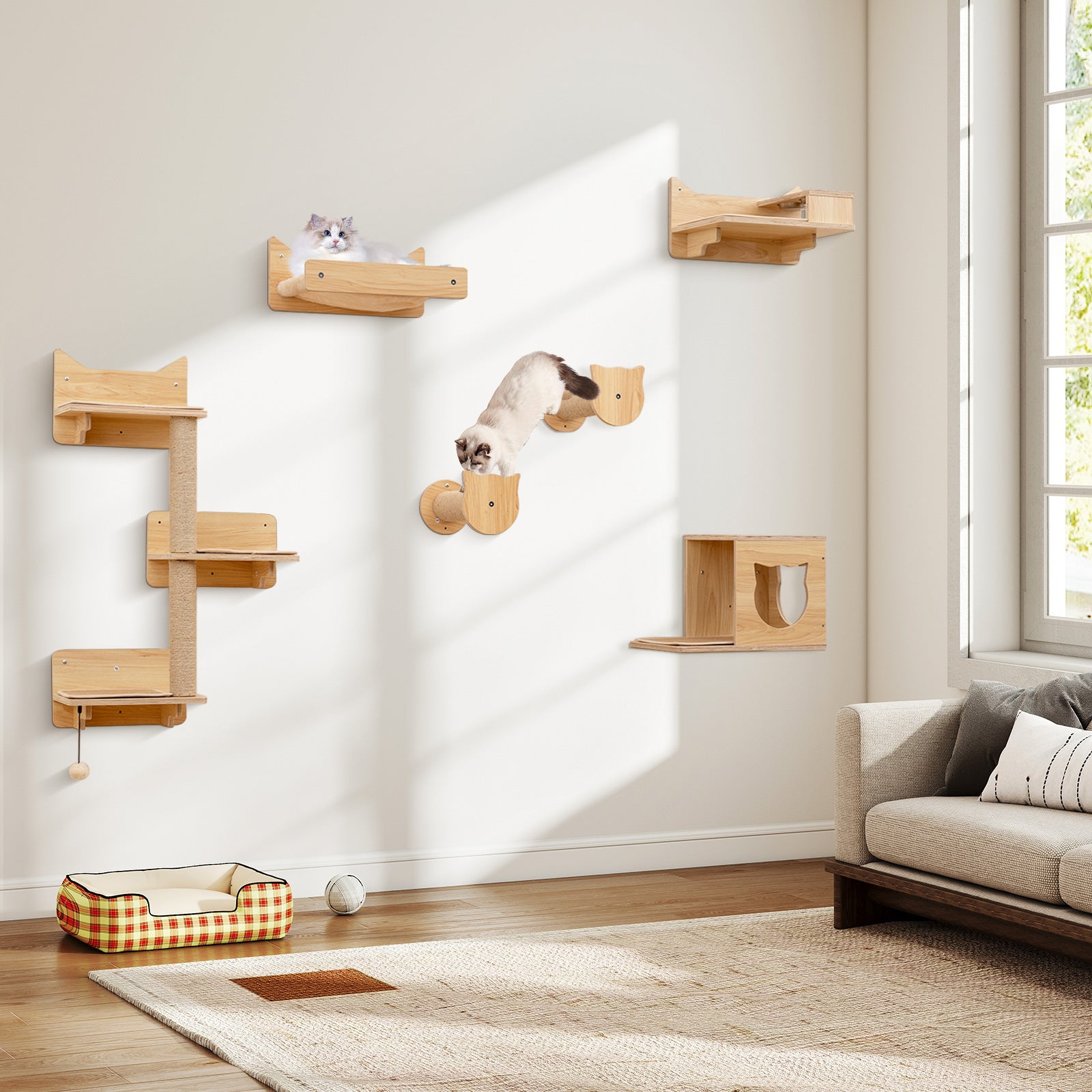 6 Pieces Cat Wall Mounted Shelves-Natural