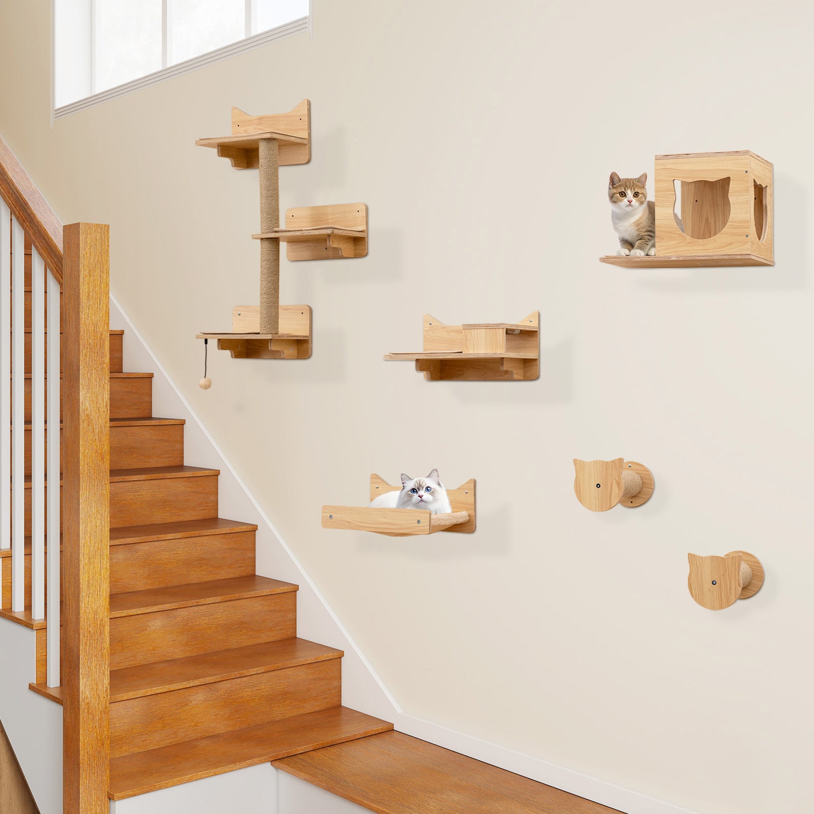 6 Pieces Cat Wall Mounted Shelves-Natural