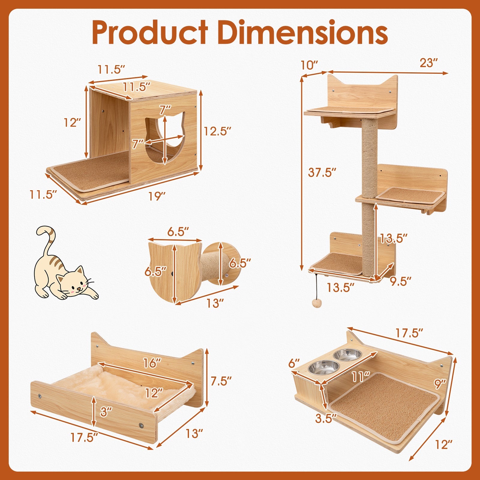 6 Pieces Cat Wall Mounted Shelves-Natural