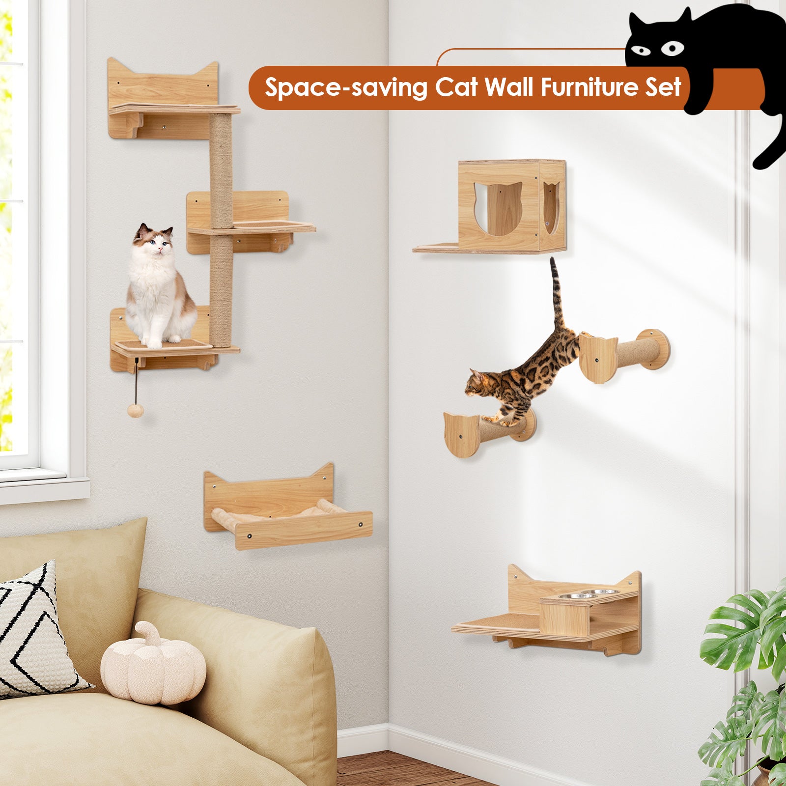 6 Pieces Cat Wall Mounted Shelves-Natural