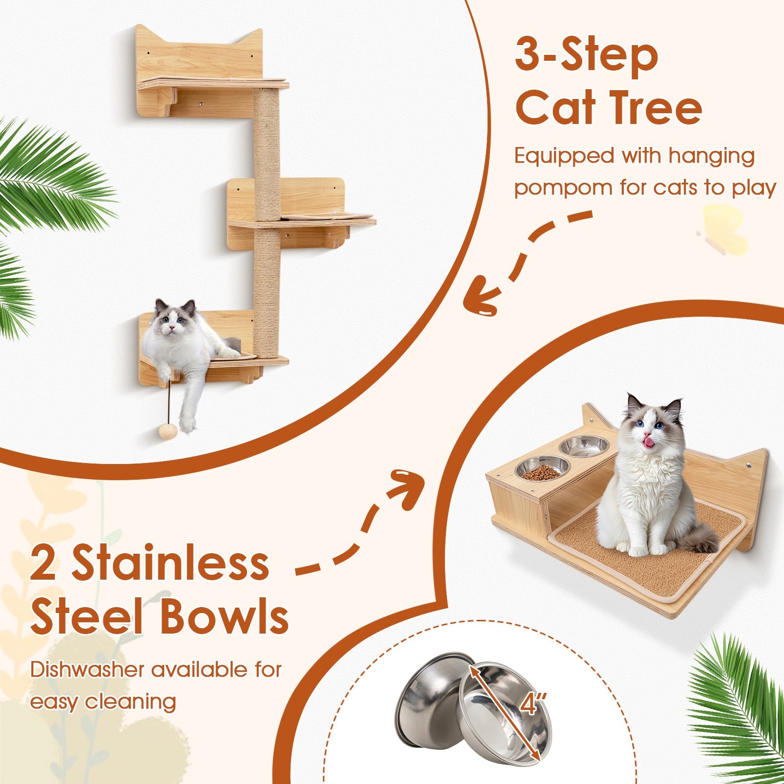 6 Pieces Cat Wall Mounted Shelves-Natural