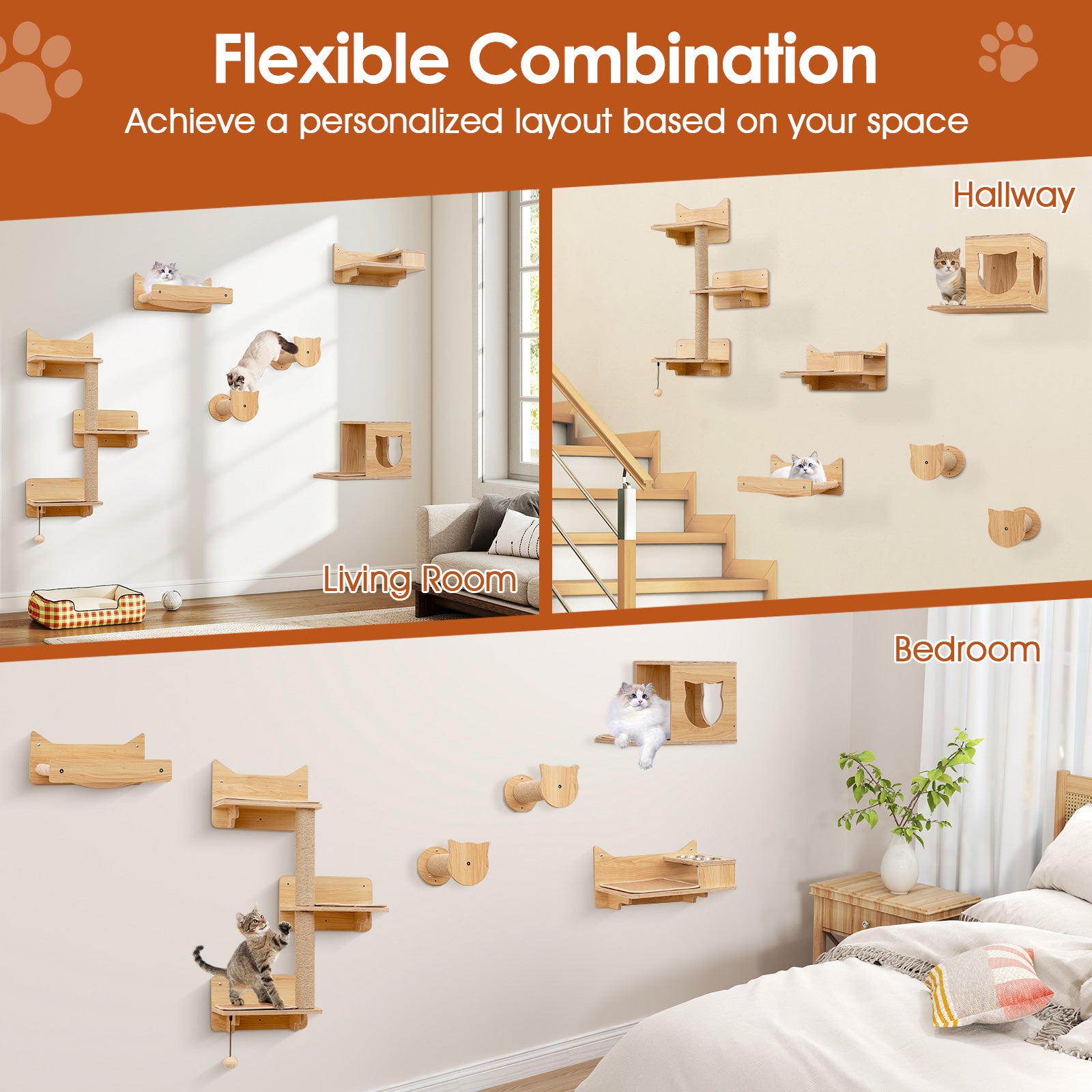6 Pieces Cat Wall Mounted Shelves-Natural
