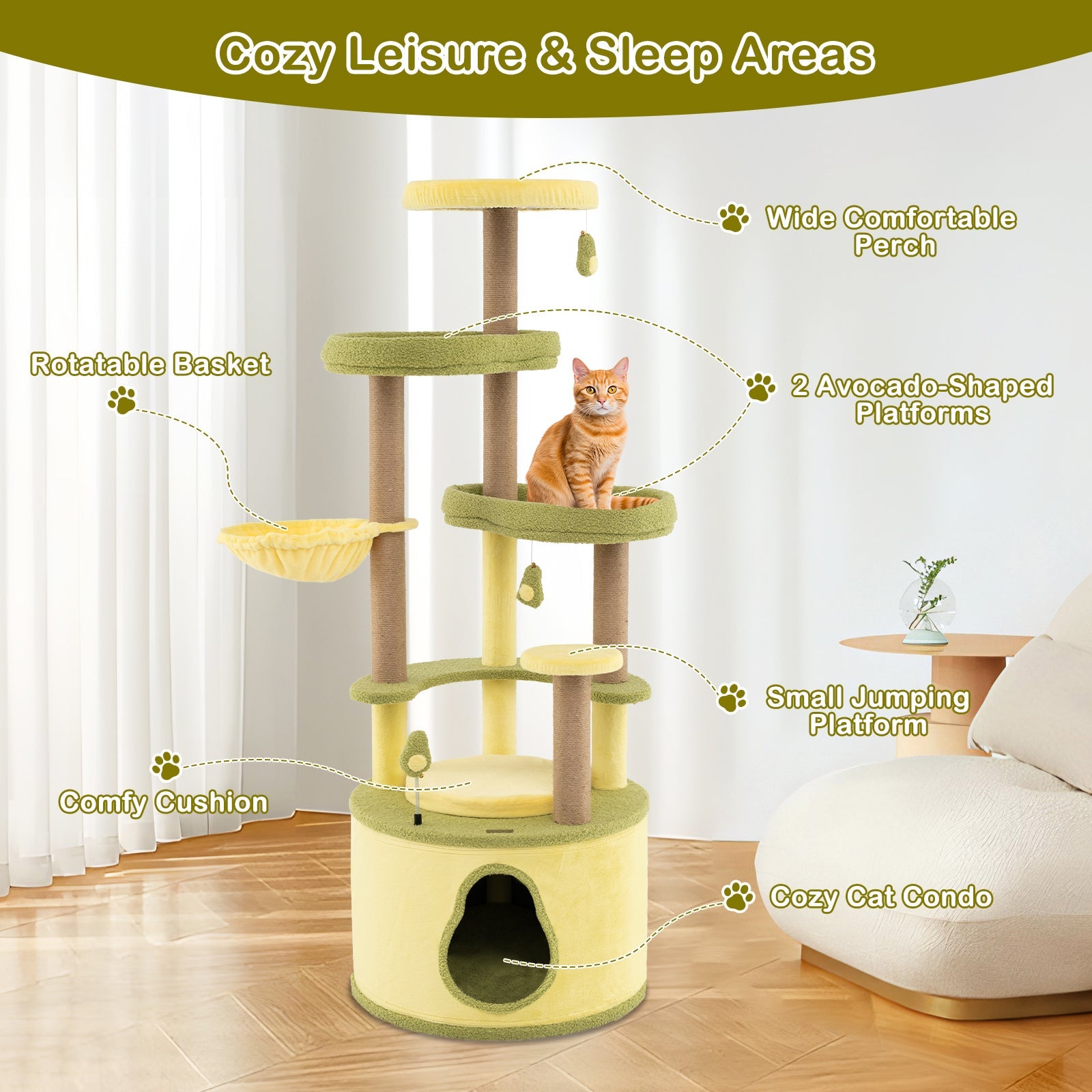 Large Avocado Cat Tree Multi-level Cat Tower with Private Condo-Green
