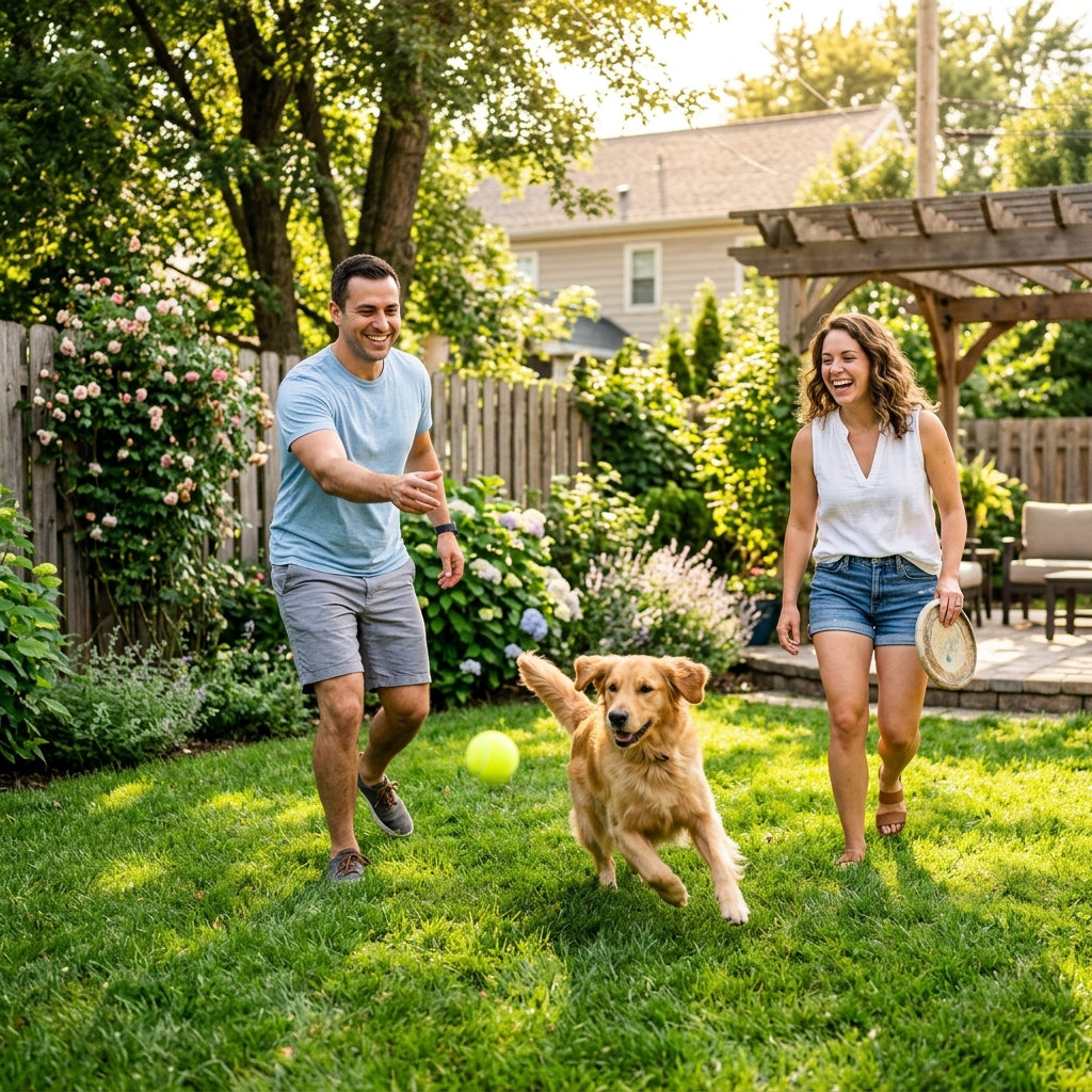A man and a woman play with a golden retriever dog in a sunny backyard with a green lawn, garden plants, and a wooden pergola.