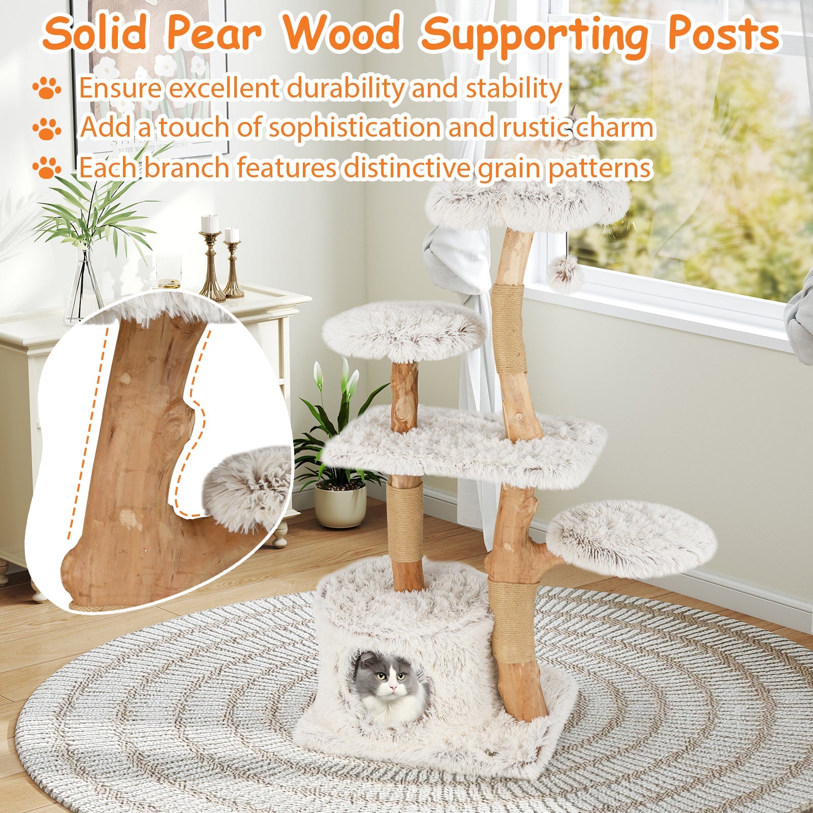 Modern Cat Tree 53 Inch Tall Natural Branch Wooden Cat Tower with Jute Scratching Posts-White