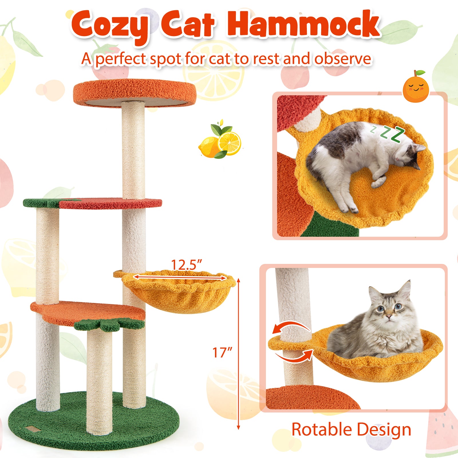 Multi-level Cat Tree Pet Activity Center with Fruit-shaped Platforms-Red and Orange