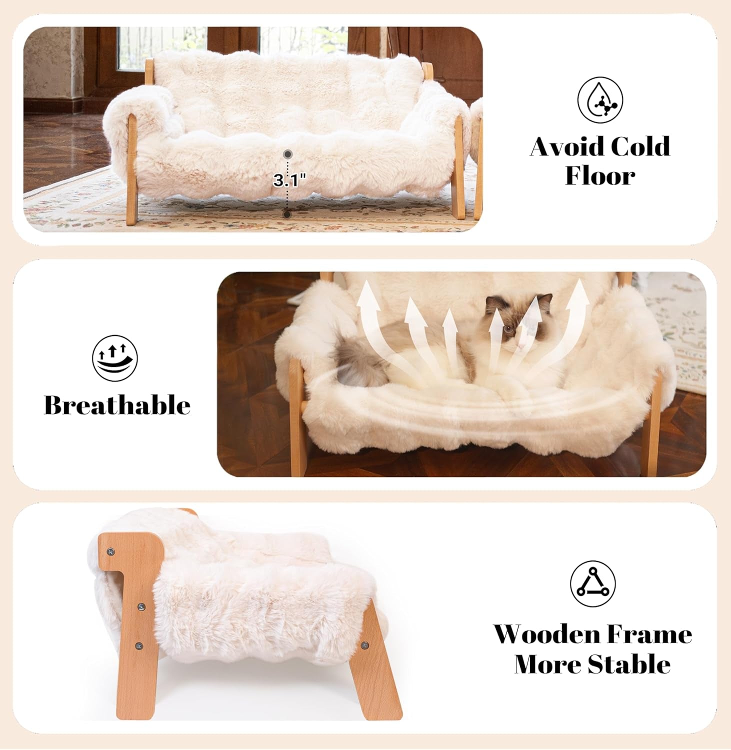 Elevated Wooden Cat Couch Bed with Washable Fluffy Cushion – 3 Colors